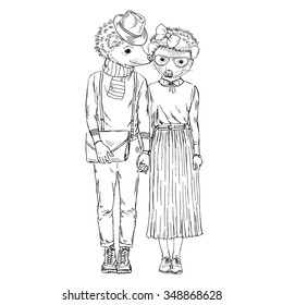 fashion cute hipster couple of hedgehogs, Valentine Day design