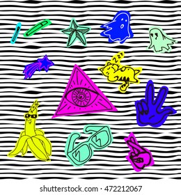 Fashion cute patch badges. For t-shirt or other uses, in vector. stars, match, cigarette, sleeping cat, ghost, eyes, hand, fingers, sunglasses, banana, smile. 