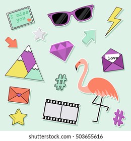 Fashion cute patches badges with flamingo, glasses, letter, stamp and other elements. Vector trendy illustration. Set of stickers.