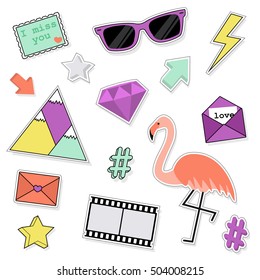 Fashion cute patches badges with flamingo, glasses, letter, stamp and other elements. Vector trendy illustration. Set of stickers on white background.