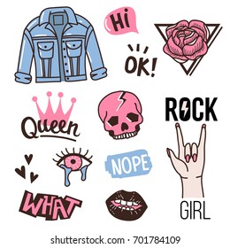 Fashion Cute Patches Or Stickers Set.  Vintage Doodles Stamps.  Vector Trendy Illustration.