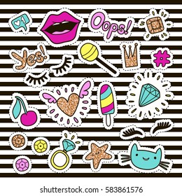 Fashion cute set: patches, badges, pins and stickers. Vector trendy illustration.