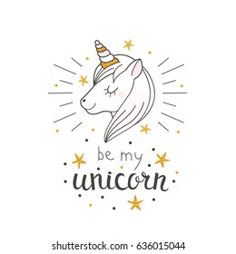 Fashion cute unicorn with hand drawn text. Can used for print design, greeting card, baby shower. Scandinavian style vector illustration.