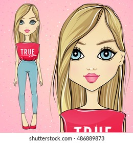 Fashion and cute vector girl. Sketch style. Young model. Stylish teenager. Colorful illustration. Casual look. Stylish portrait. Beauty face.
