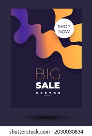 fashion dark vector template with smooth gradient yellow and purple shapes and sticker and lettering big sale on the black background