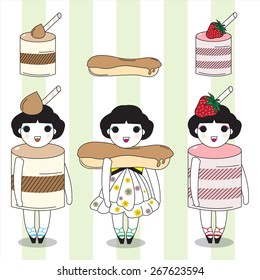 Fashion and Delicious French Sweets Pastry character illustration set