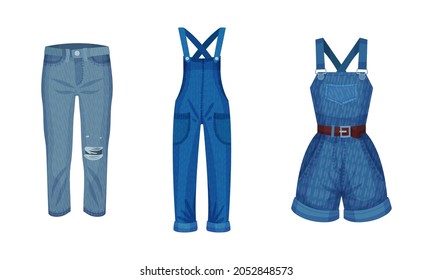 Mode-Denim-Kleidungsset. Trendweibliche Jeans, Overalls, Springsuit, Vektorgrafik