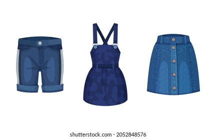 Fashion denim clothes set. Trendy female shorts, skirt, dress vector illustration