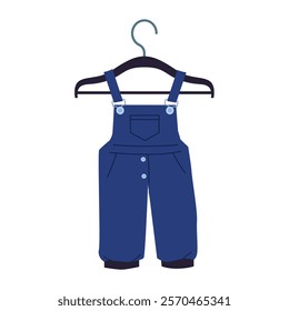 Fashion denim overall for kids with suspenders hanging on closet hanger. Jeans dark blue jumpsuit for toddlers with pockets and buttons for boy, casual cotton clothes cartoon vector illustration