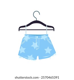 Fashion denim shorts with star pattern and ripped raw cut hanging on closet hanger. Jeans shorts with pockets, button and zipper for girl, trendy casual summer clothes cartoon vector illustration