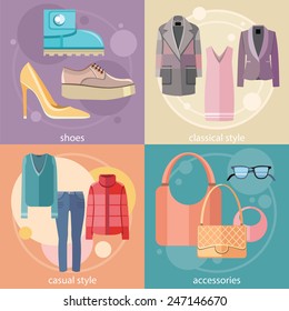 Fashion design clothes and accessories for woman decorative elements icons in flat design style on four multicolor banners