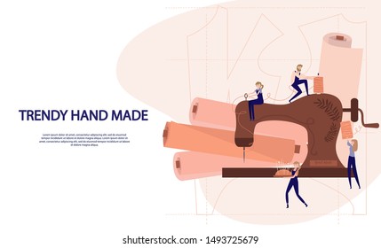 Fashion Design Concept. Tailor Create Outfit and Apparel on Sewing Machine, Assistant Working with Mannequin. Creative Atelier Web Page. Editable vector illustration. 