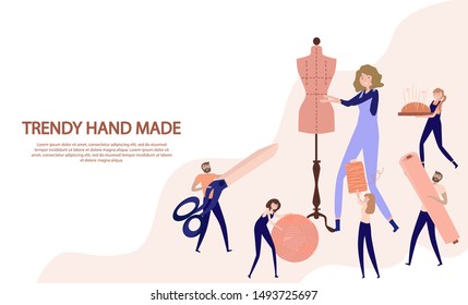 Fashion Design Concept. Tailor Create Outfit and Apparel, Assistant Working with Mannequin. Creative Atelier Web Page. Editable vector illustration. 