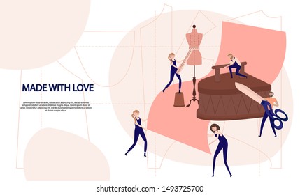 Fashion Design Concept. Tailor Create Outfit and Apparel, Assistant Working with Mannequin. Creative Atelier Web Page. Editable vector illustration. 