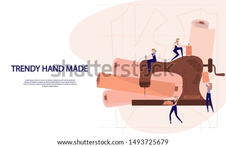 Fashion Design Concept. Tailor Create Outfit and Apparel on Sewing Machine, Assistant Working with Mannequin. Creative Atelier Web Page. Editable vector illustration. 