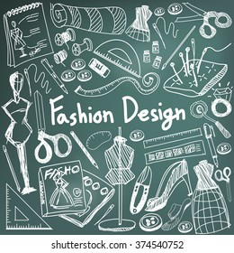 Fashion Design Education Chalk Handwriting Doodle Icon Tool Sign And Symbol In Blackboard Background Used For Designer Presentation Title With Header Text, Create By Vector
