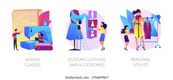 Fashion design flat icons set. Dressmaker course, tailor atelier. Sewing classes, custom clothing and accessories, personal stylist metaphors. Vector isolated concept metaphor illustrations.