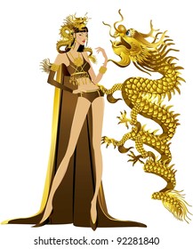 Fashion Design.The golden girl with the golden dragon.