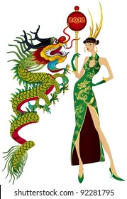 Fashion Design.The golden girl with the  green dragon.