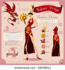 Fashion Design.The golden girl with the red dragon.
