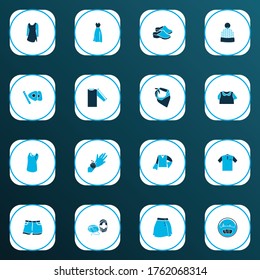 Fashion design icons colored set with flat shoes, sleeveless shirt, tunic and other short skirt elements. Isolated vector illustration fashion design icons.