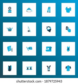 Fashion design icons colored set with thimble, bobbin, top and other knitting machine elements. Isolated vector illustration fashion design icons.