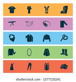 Fashion design icons set with short sleeve shirt, high waist jeans, zipper and other model lady elements. Isolated vector illustration fashion design icons.