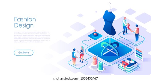 Fashion design isometric landing page vector template. Sewing workshop, tailor studio website homepage interface illustration layout. Designer clothing store web banner isometry concept