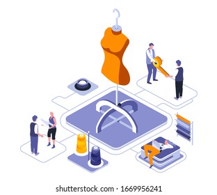 Fashion design isometric landing page vector template. Sewing workshop, tailor studio website homepage interface illustration layout. Designer clothing store web banner isometry concept