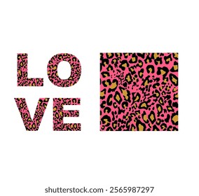 Fashion design with jaguar, leopard, cheetah, panther animal skin seamless pattern on pink background and love word