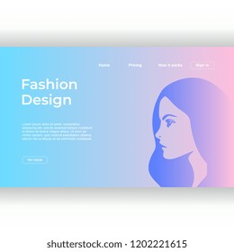 Fashion design landing page template with feminine colors and cute girl face. Vector illustration eps 10.