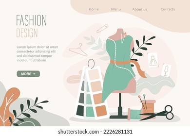 Fashion design, landing page template. Dressmaking, sewing workshop or courses, tailoring concept. Needlework, equipment for sewing. Mannequin, threads, scissors and color palette. vector illustration