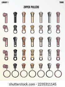 FASHION DESIGN LATEST TREND ZIPPER SLIDER AND PULLERS VECTOR SKETCH