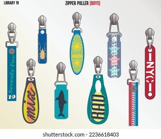 FASHION DESIGN LATEST TREND ZIPPER SLIDER AND PULLERS FOR KID GIRLS AND TEEN GIRLS IN EDITABLE VECTOR ILLUSTRATION