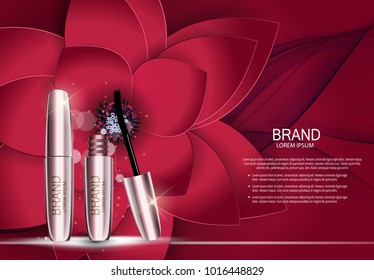 Fashion Design Makeup Cosmetics Product  Template for Ads or Magazine Background.  Mascara Product Series Reportv 3D Realistic Vector Iillustration. EPS10