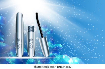 Fashion Design Makeup Cosmetics Product  Template for Ads or Magazine Background.  Mascara Product Series Reportv 3D Realistic Vector Iillustration. EPS10
