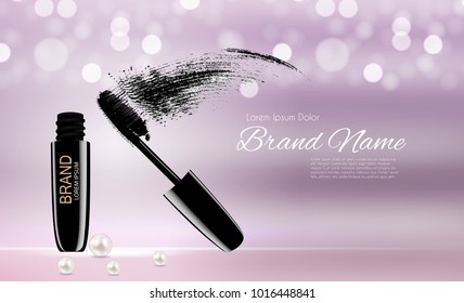 Fashion Design Makeup Cosmetics Product  Template for Ads or Magazine Background.  Mascara Product Series Reportv 3D Realistic Vector Iillustration. EPS10