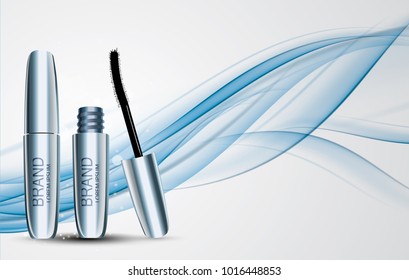 Fashion Design Makeup Cosmetics Product  Template for Ads or Magazine Background.  Mascara Product Series Reportv 3D Realistic Vector Iillustration. EPS10