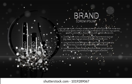 Fashion Design Makeup Cosmetics Product  Template for Ads or Magazine Background.  Mascara Product Series Reportv 3D Realistic Vector Illustration. EPS10