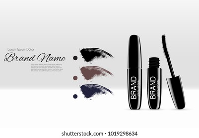 Fashion Design Makeup Cosmetics Product  Template for Ads or Magazine Background.  Mascara Product Series Reportv 3D Realistic Vector Iillustration. EPS10