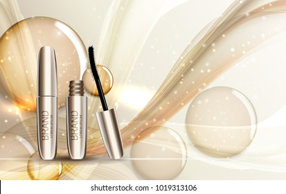 Fashion Design Makeup Cosmetics Product  Template for Ads or Magazine Background.  Mascara Product Series Reportv 3D Realistic Vector Illustration. EPS10