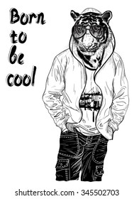 Fashion design with man with the head of tiger for poster or t-shirt print (black and white)