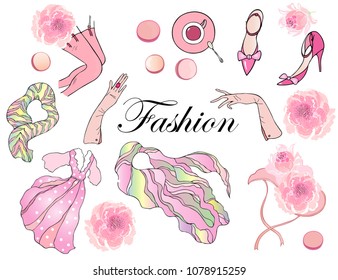 fashion design in pink color. Dress, scarf, gloves, shoes, stockings, hat, Cup, cakes and peonies on white background.