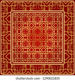 Fashion Design Print With Geometric Pattern. Vector Illustration. For Modern Interior Design, Fashion Textile Print, Wallpaper. Red, golden color.