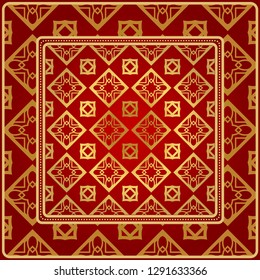 Fashion Design Print With Geometric Pattern. Vector Illustration. For Modern Interior Design, Fashion Textile Print, Wallpaper. Red, golden color.