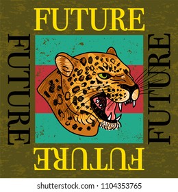 Fashion design print on clothes t shirt bomber sweatshirt also for sticker poster patch with embroidery wild head of leopard on abstract background with words "Future". Trendy mascot for streetwear.