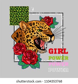 Fashion design print on clothes t shirt bomber sweatshirt also for sticker poster patch with embroidered wild head of leopard with red roses and phrase "Girl power" Modern Trendy mascot for streetwear