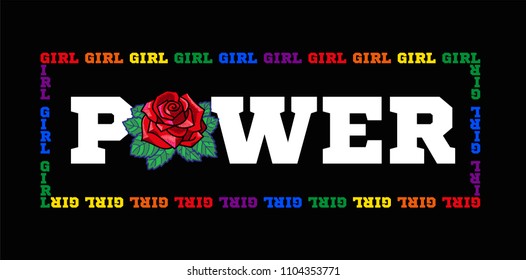 Fashion design print on clothes t shirt bomber sweatshirt also for sticker poster patch with big word power with rose and many small words girl which are like frame Modern Trendy mascot for streetwear