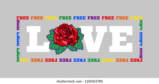 Fashion design print on clothes t shirt bomber sweatshirt also for sticker poster patch with big word LOVE with rose and many small words FREE which are like frame Modern Trendy mascot for streetwear