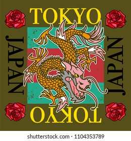 Fashion design print on clothes t shirt bomber sweatshirt also for sticker poster patch with embroidered old japan dragon snake and roses with words "Tokyo Japan" Modern Trendy mascot for streetwear.